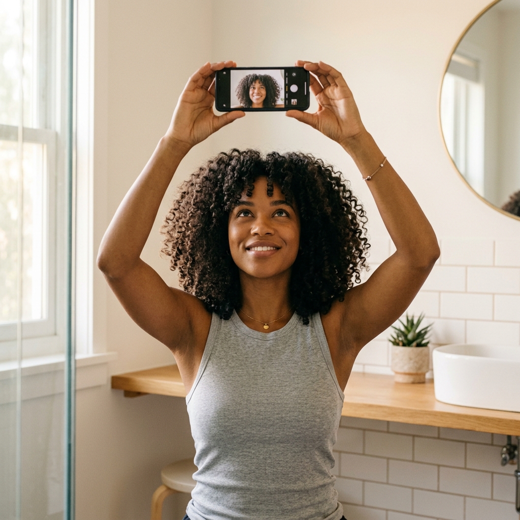 A person using a phone to take a consistent front hair photo at home