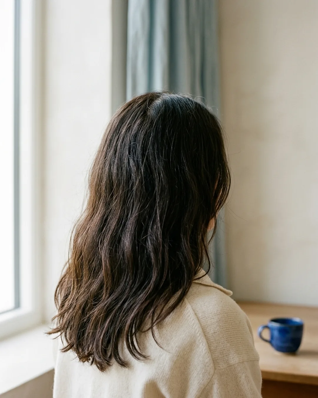 Back of a head with dark wavy hair parting at the crown, an example photo for a hair record