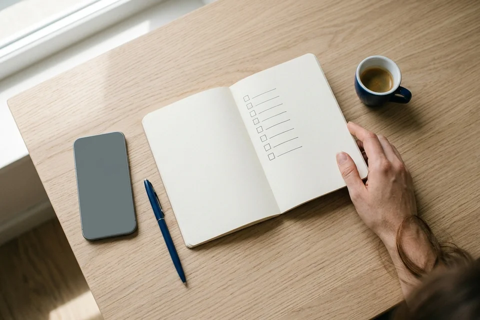 A notebook with a simple comparison checklist beside an unbranded phone and pen