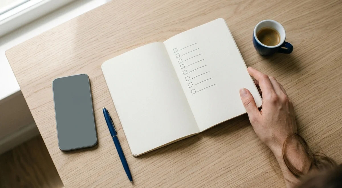 A notebook with a simple comparison checklist beside an unbranded phone and pen