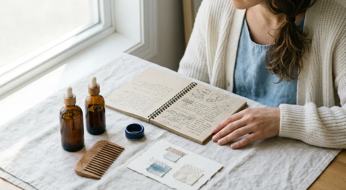 Open notebook beside two amber bottles, a swatch card and a wooden comb on a linen-covered table