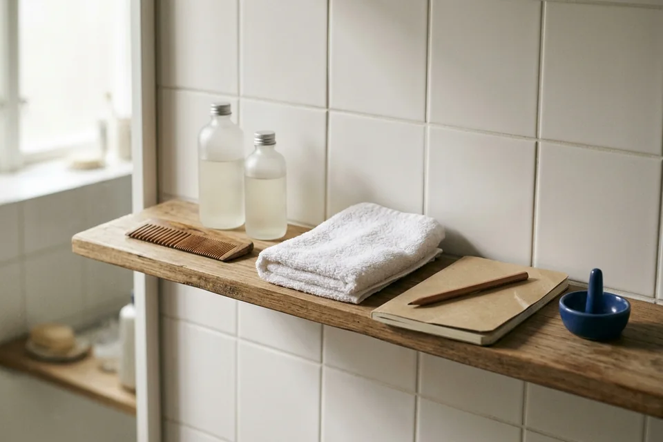 A simple personal-care notebook with a comb and two unbranded bottles in warm daylight