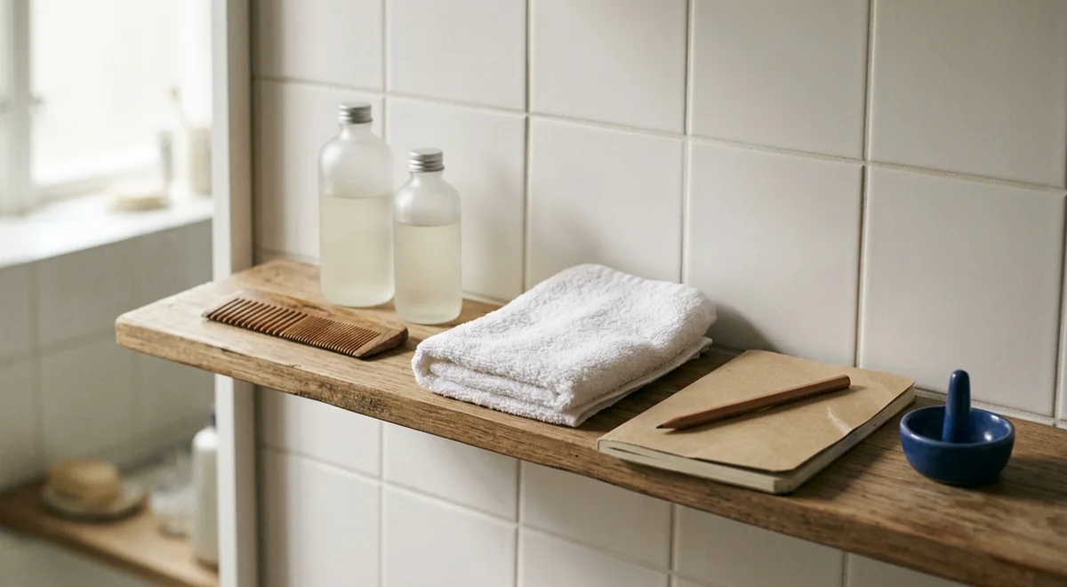 A simple personal-care notebook with a comb and two unbranded bottles in warm daylight