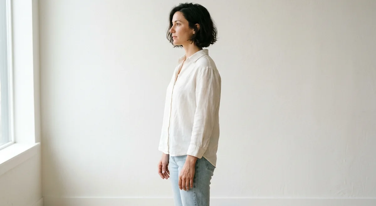 A person standing side-on against a plain wall in even daylight, an example of a repeatable photo setup