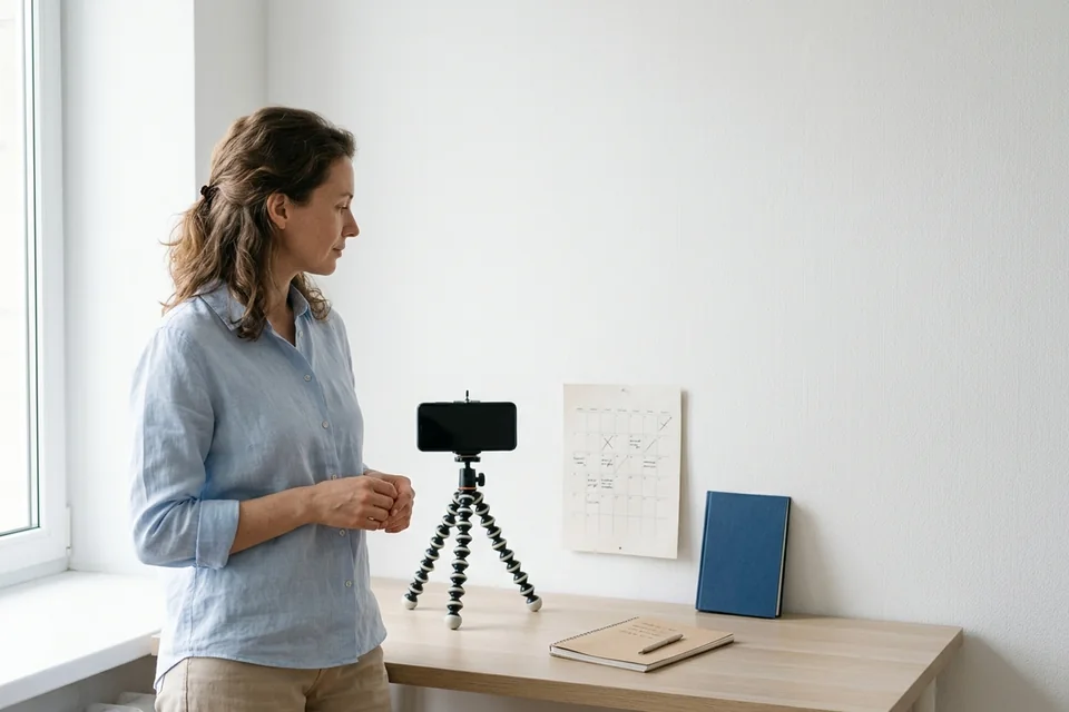 A phone stand, a dated notebook, and a camera arranged for a repeatable personal photo record