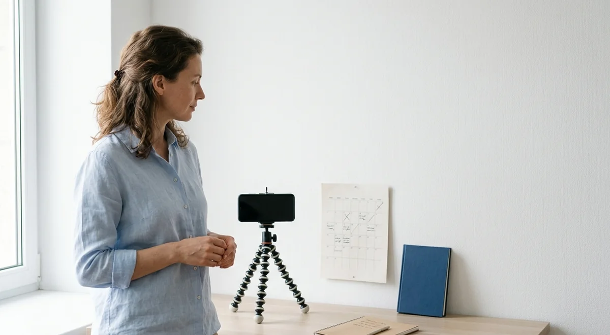A phone stand, a dated notebook, and a camera arranged for a repeatable personal photo record