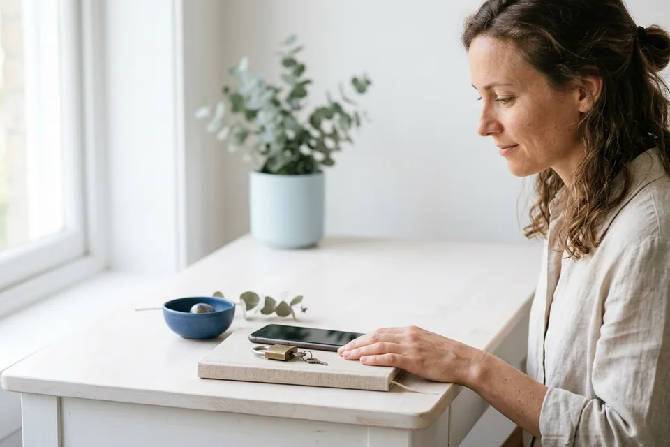 An unbranded phone beside a closed notebook in a restrained blue and white editorial still life