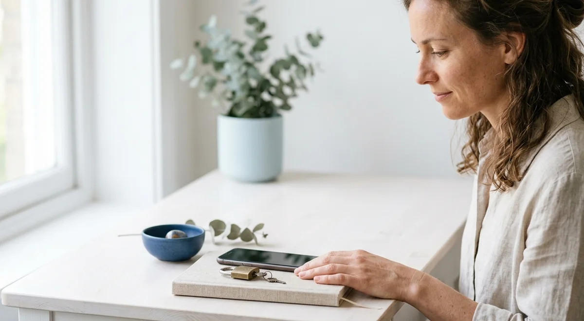 An unbranded phone beside a closed notebook in a restrained blue and white editorial still life