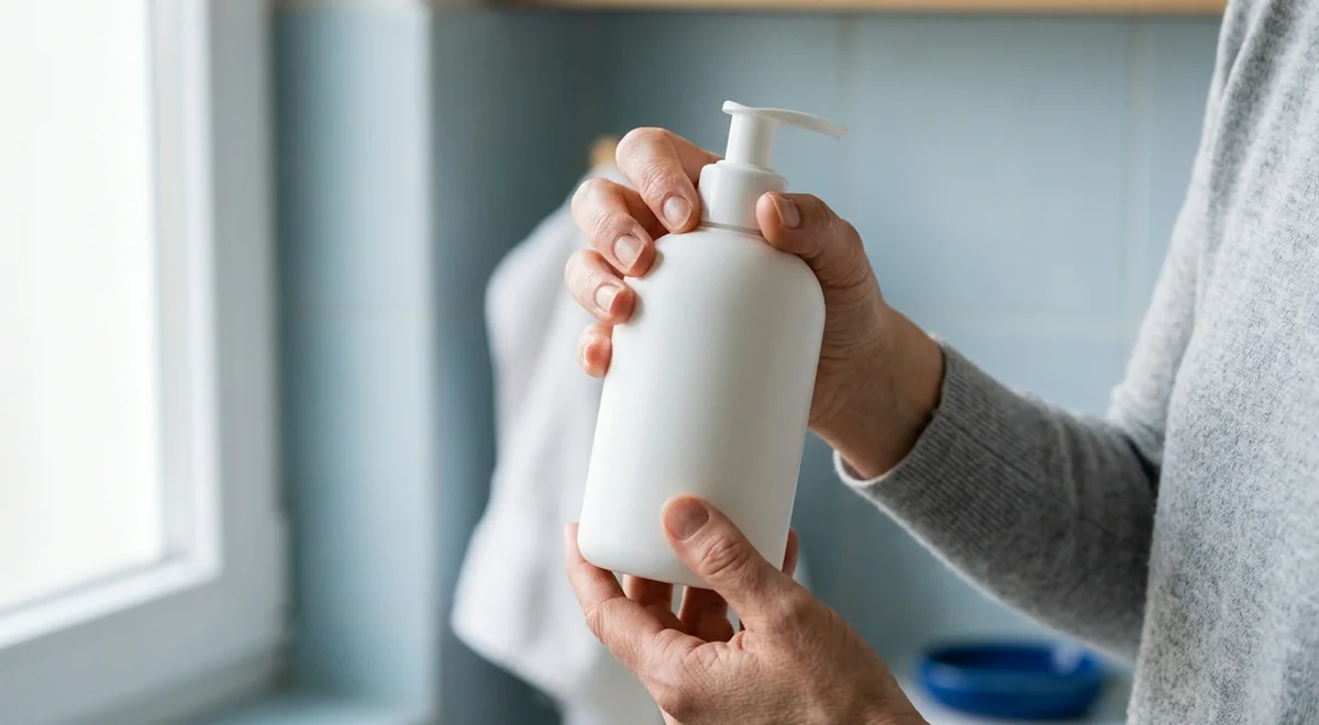 Hands holding a plain white pump bottle with a blank back panel beside a window, an example of reading a product label