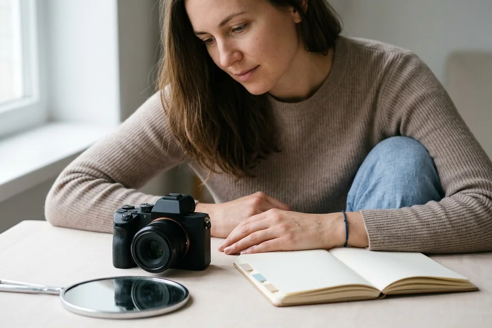 A camera beside a notebook with separate tabs for front, crown, and part-view records