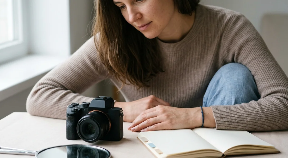 Image super-resolution reading card. Person at a table with a camera, an open notebook and a hand mirror, preparing a consistent hair photo