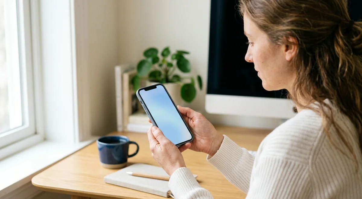 A person holding a phone with a soft blue screen at a bright desk, an illustration of trying a product demo