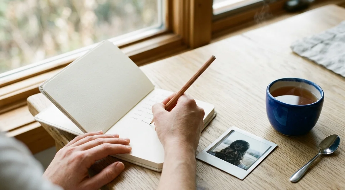 Hands writing in a small notebook beside a blue mug and a printed instant photo on a wooden table in morning light