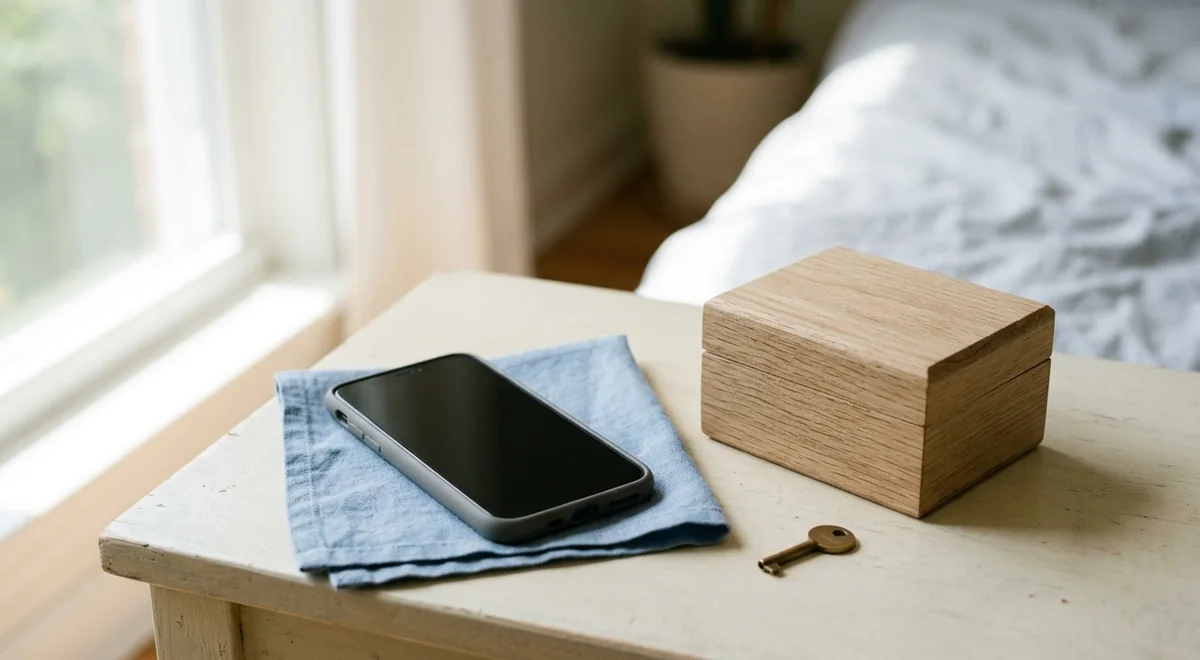 A phone beside a small wooden box and a brass key on a pale table, an illustration of private on-device storage