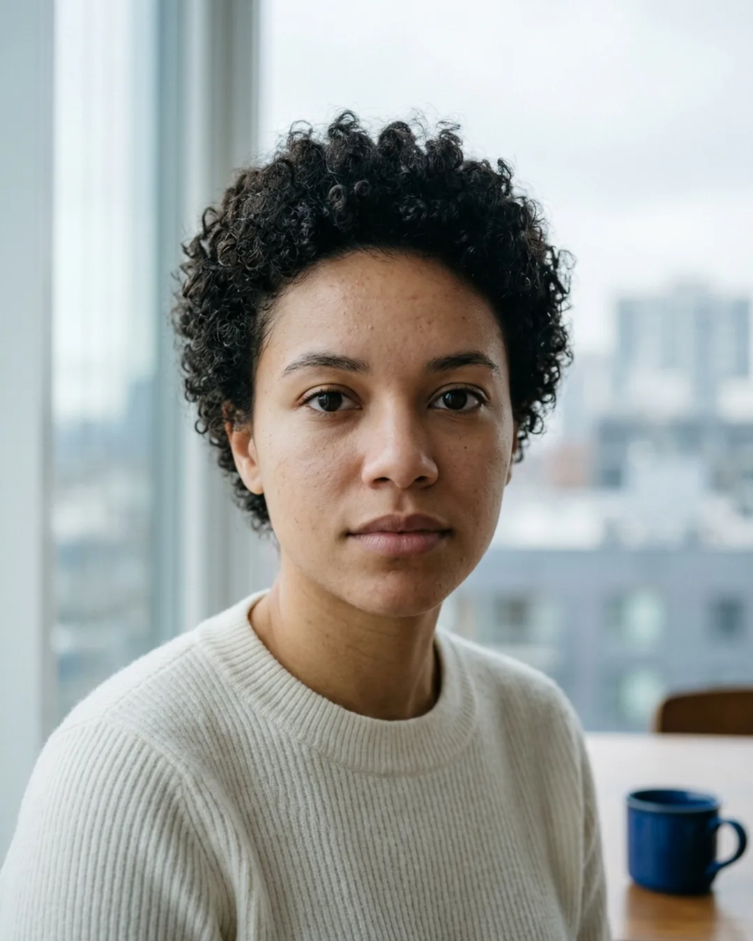Person with short curly dark hair facing the camera beside a bright window, an example hair photo